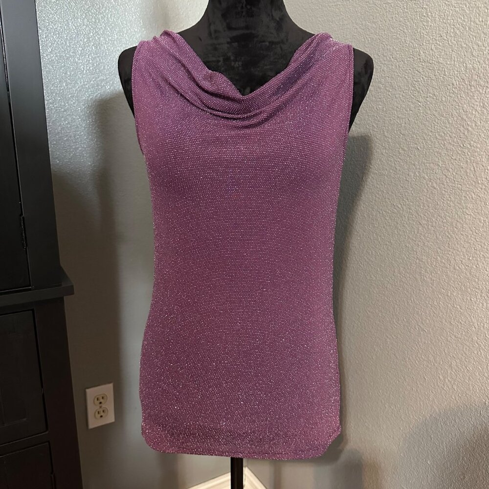 Jennifer Lopez‎ Womens Sleeveless Glitter Top M Purple Shimmer Cowl Neck Party